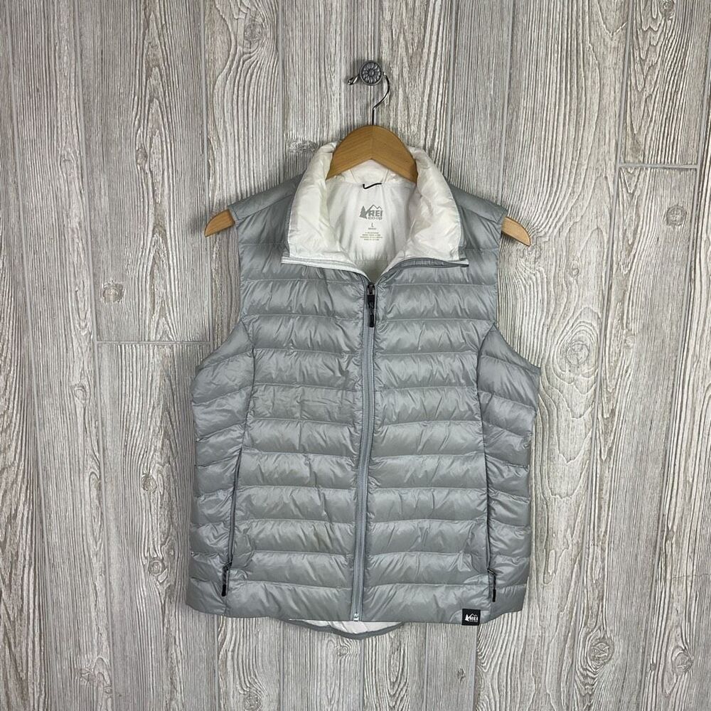 REI Co-op 650 Down Vest Womens Large Silver Gray Puffer Insulated Lightweight